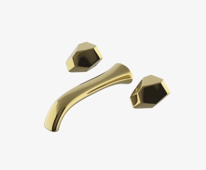 Waterworks Isla Wall Mounted Lavatory Faucet with Metal Geode Handles in Burnished Brass