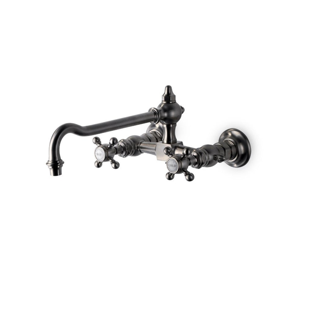 Waterworks Julia Wall Mounted Two Hole Bridge Low Profile Kitchen Faucet, Metal Cross Handles in Burnished Nickel