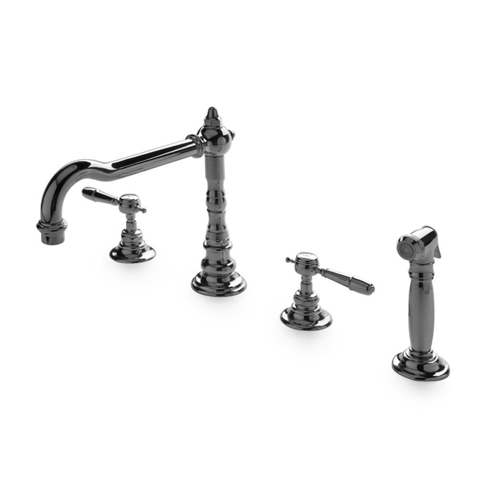 Waterworks Julia Three Hole High Profile Kitchen Faucet, Metal Lever Handles and Spray in Brass