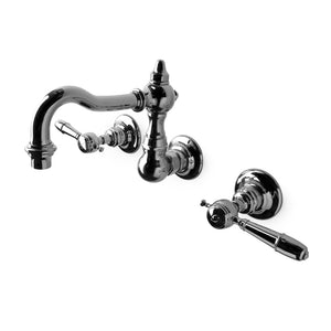 Waterworks Julia High Profile Three Hole Wall Mounted Lavatory Faucet with Metal Lever Handles in Nickel