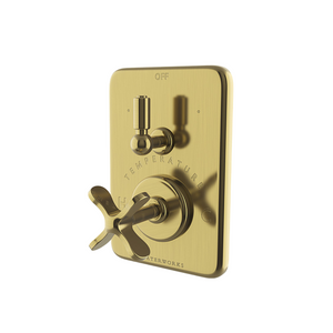 Waterworks Ludlow Integrated Thermostatic and Diverter Trim with Cross Handle in Burnished Brass