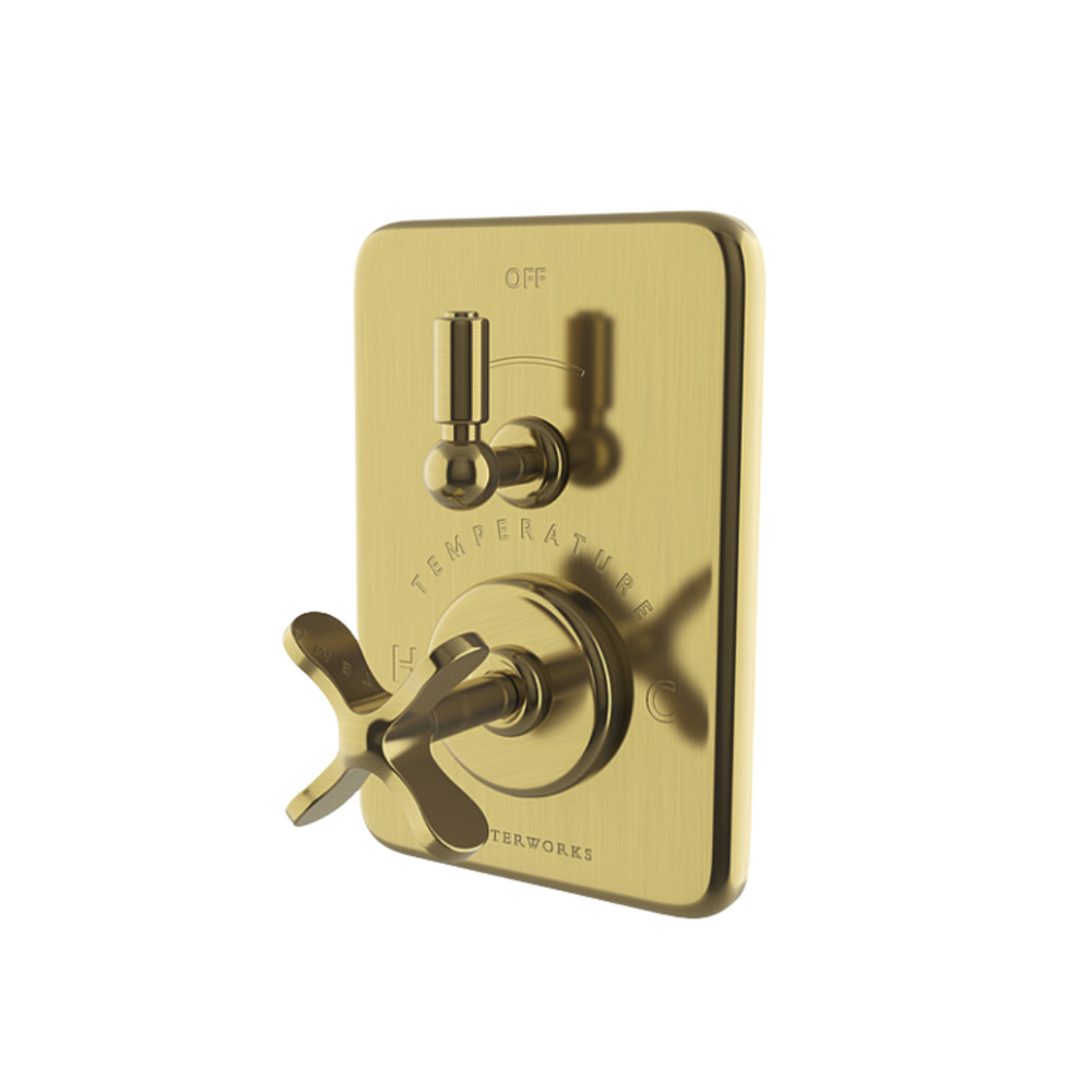 Waterworks Waterworks Ludlow Integrated Thermostatic and Volume Control Trim with Cross Handle in Burnished Brass