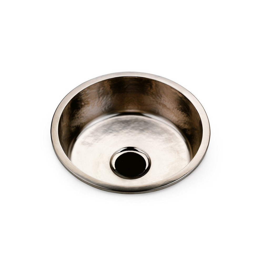 Waterworks Normandy 17 11/16" x 17 11/16" x 6 1/2" Hammered Copper Round Kitchen Sink with Center Drain Brass