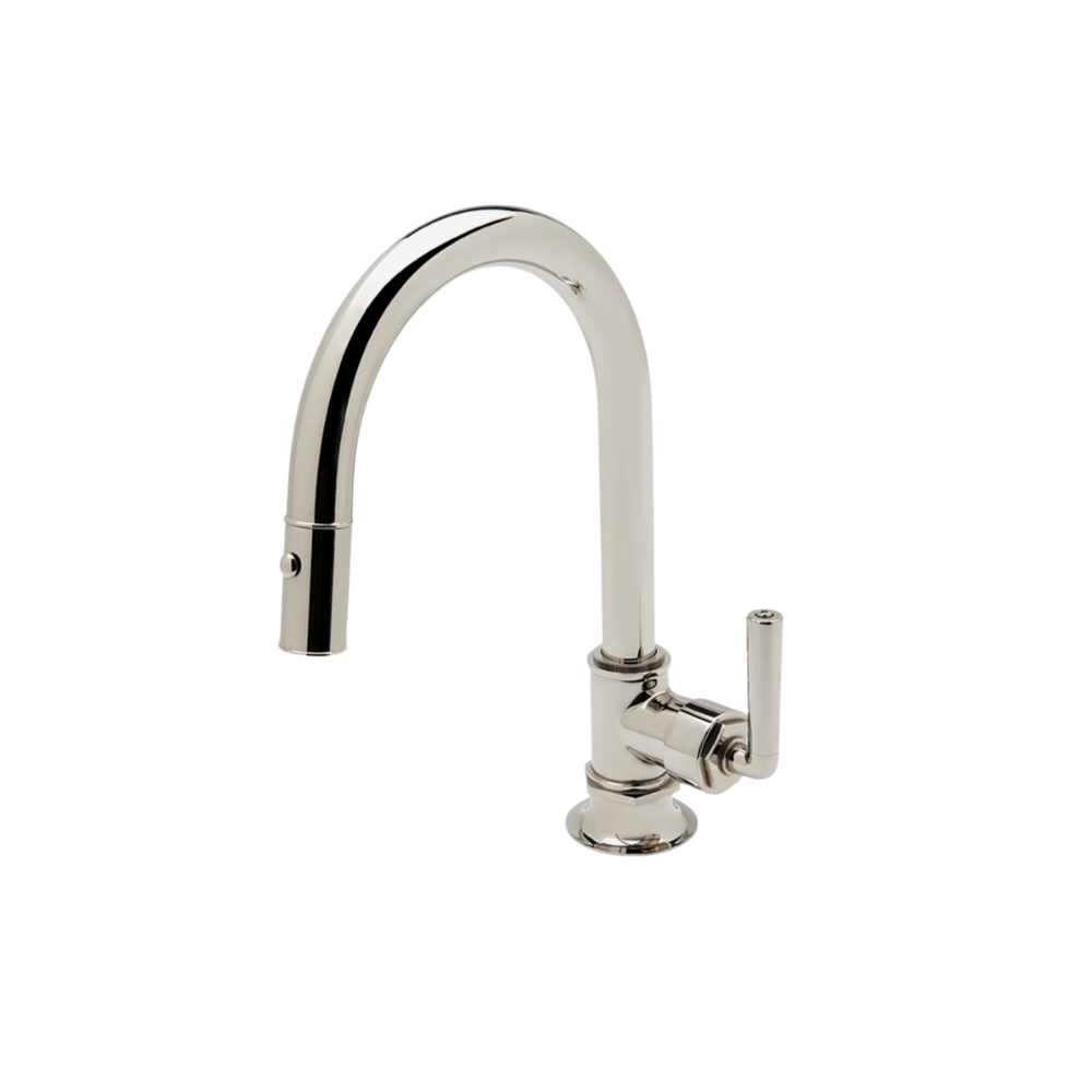 Waterworks Henry Mid-Size One Hole Gooseneck Integrated Pull Spray Kitchen Faucet with Lever Handle in Nickel