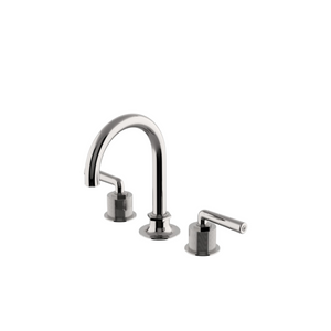 Waterworks Henry Gooseneck Three Hole Deck Mounted Lavatory Faucet with Coin Edge Cylinders and Lever Handles in Nickel