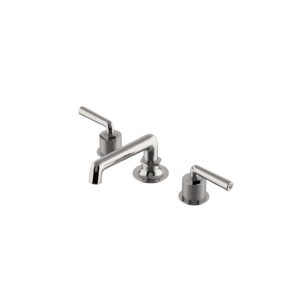 Waterworks Henry Low Profile Three Hole Deck Mounted Lavatory Faucet with Coin Edge Cylinders and Lever Handles in Matte Gold