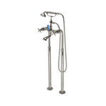 Waterworks Highgate ASH NYC Edition Floor Mounted Exposed Tub Filler with Handshower, Cross Handles and Porcelain Diverter Handle in Nickel/Azure Blue