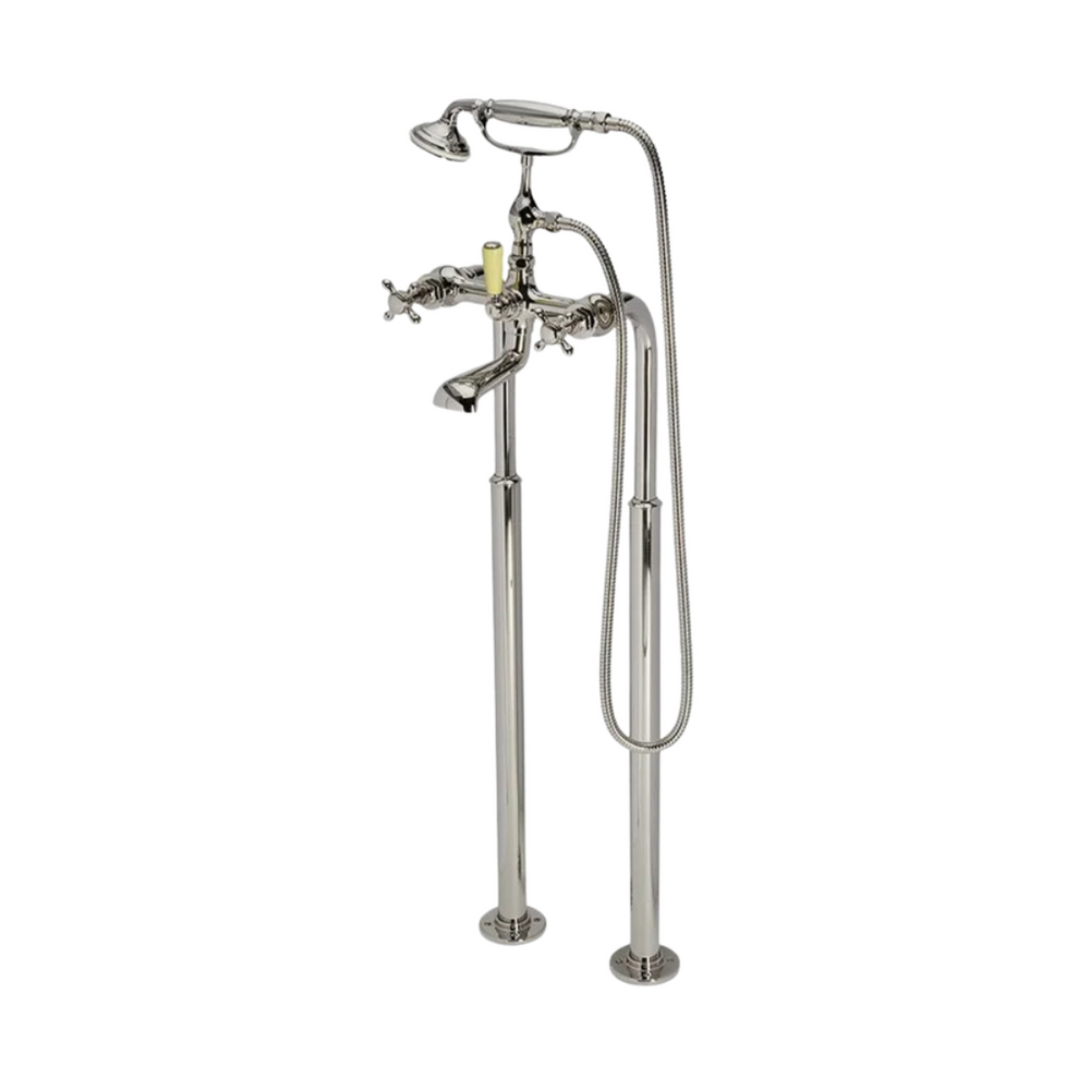 Waterworks Highgate ASH NYC Edition Floor Mounted Exposed Tub Filler with Handshower, Cross Handles and Porcelain Diverter Handle in Nickel/Citron Yellow