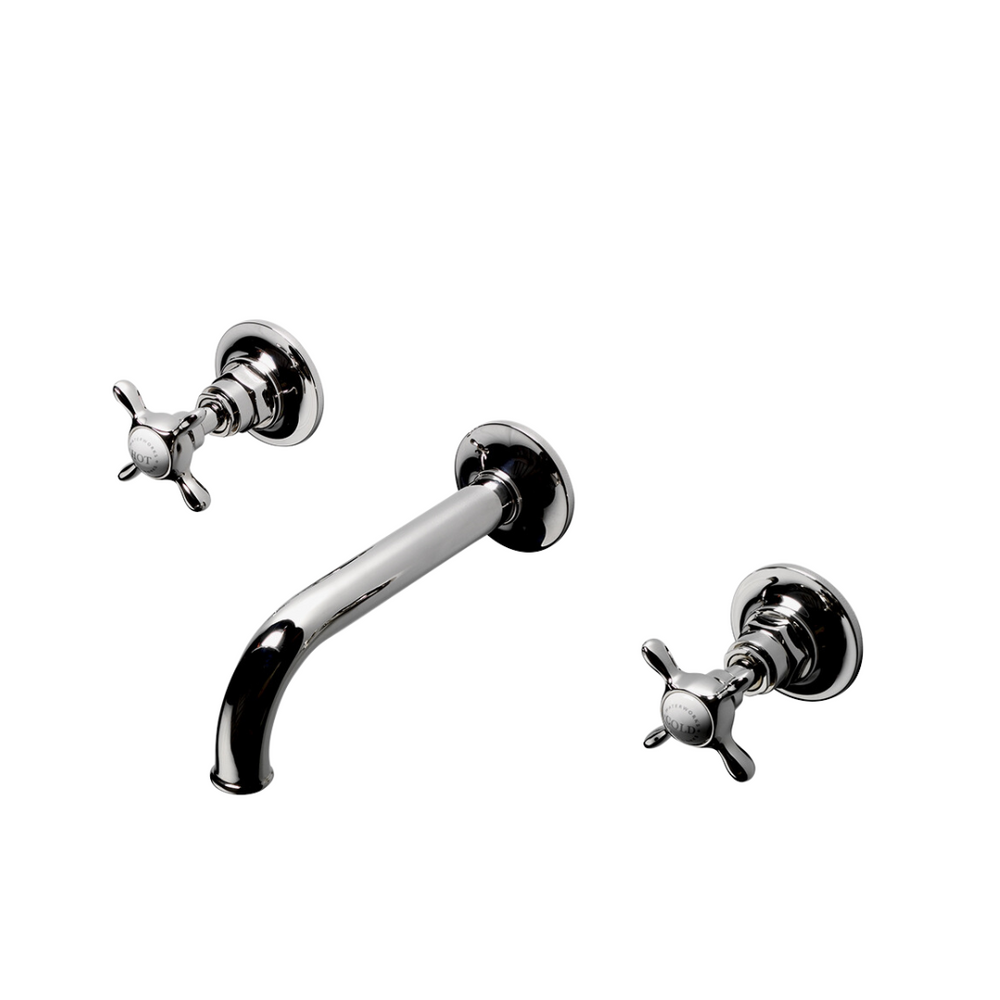 Waterworks Easton Vintage Low Profile Three Hole Wall Mounted Lavatory Faucet with Elongated Spout and Metal Cross Handles in Matte Nickel