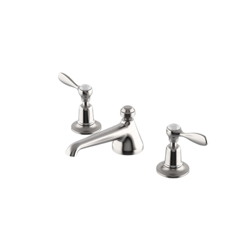 Waterworks Easton Classic Low Profile Three Hole Deck Mounted Lavatory Faucet with Metal Lever Handles in Matte Nickel