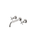 Waterworks Easton Classic Low Profile Three Hole Wall Mounted Lavatory Faucet with Elongated Spout and Metal Cross Handles in Matte Nickel