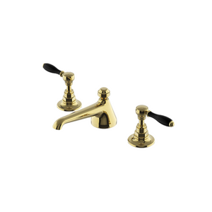 Waterworks Easton Vintage Low Profile Three Hole Deck Mounted Lavatory Faucet with Black Porcelain Lever Handles in Brass