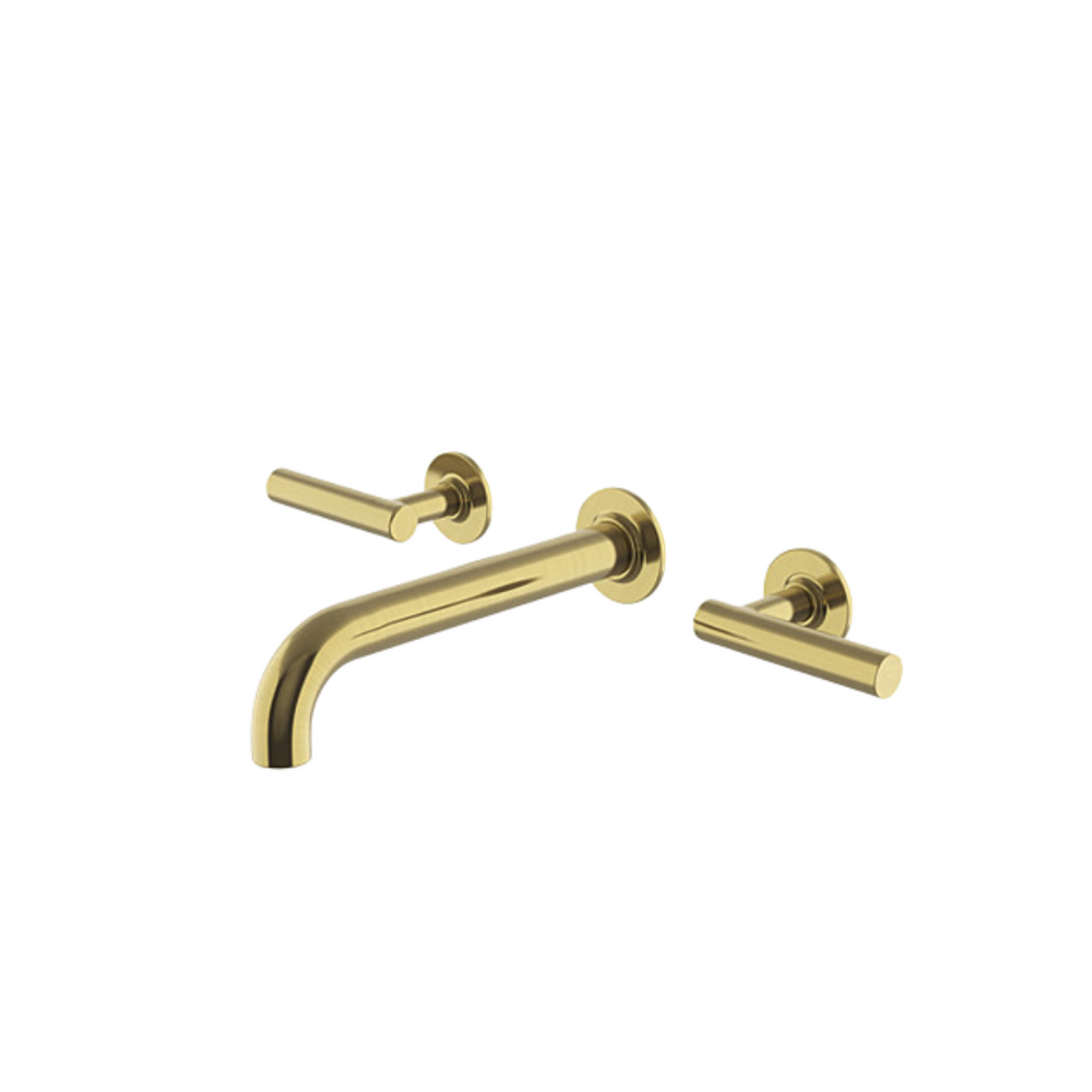 Waterworks Bond Solo Series Wall Mounted Lavatory Faucet with Straight Lever Handles in Burnished Brass