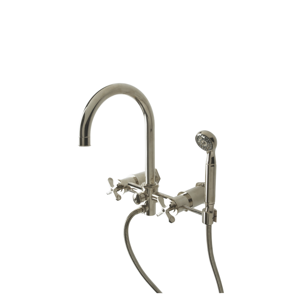 Waterworks Henry Exposed Wall Mounted Tub Filler with 2.5gpm Handshower and Metal Cross Handles in Vintage Brass