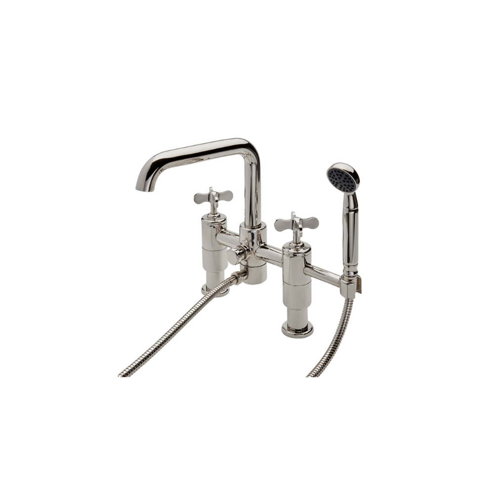 Waterworks Ludlow Deck Mounted Exposed Tub Filler with 2.0gpm Handshower and Metal Cross Handles in Nickel