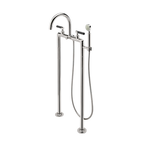 Waterworks Bond Union Series Floor Mounted Exposed Tub Filler with Handshower and Guilloche Pinstripe Lever Handles in Antique Brass/Adriatic Enamel