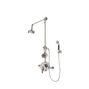 Waterworks Regulator Exposed Thermostatic Shower System with Handshower on Hook, Metal Lever and Wheel Handles in Burnished Brass, 1.75gpm