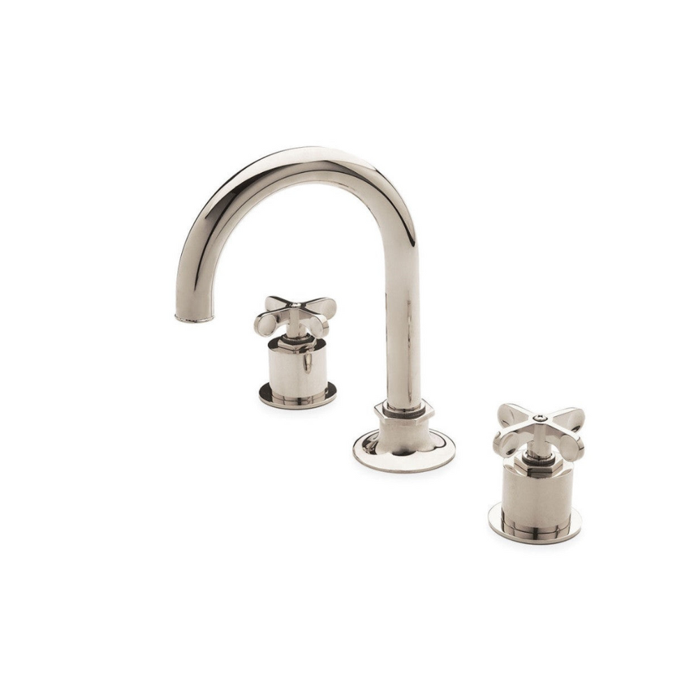 Waterworks Henry Gooseneck Three Hole Deck Mounted Lavatory Faucet with Coin Edge Cylinders and Cross Handles in Nickel