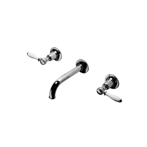 Waterworks Easton Classic Wall Mounted Lavatory Faucet with Elongated Spout and Porcelain Lever Handles in Matte Nickel