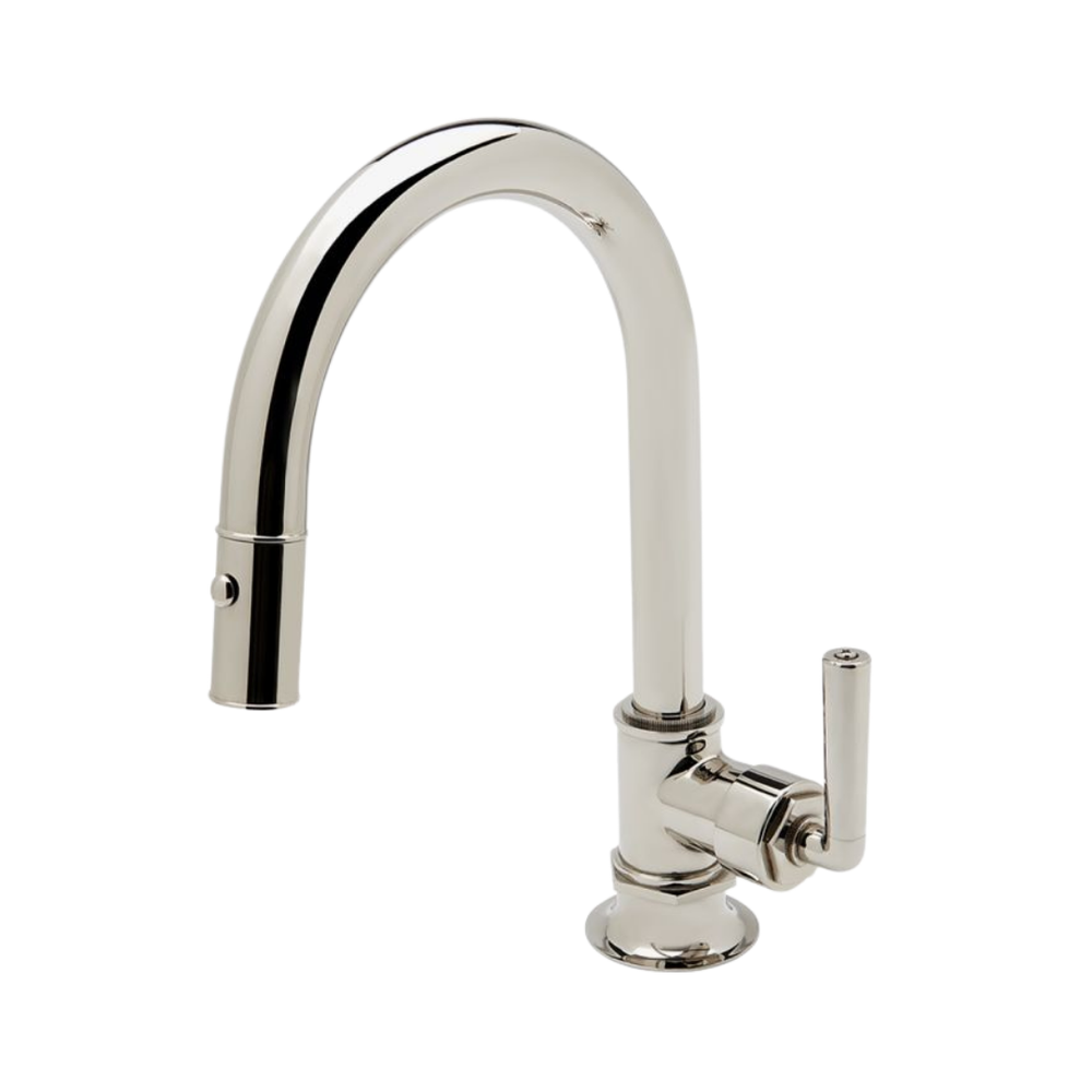 Waterworks Henry Mid-Size One Hole Gooseneck Integrated Pull Spray Kitchen Faucet with Lever Handle in Nickel