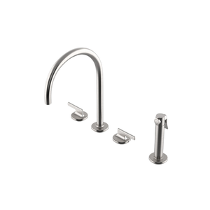 Waterworks Formwork Three Hole Gooseneck Kitchen Faucet with Metal Lever Handles and Spray in Matte Nickel