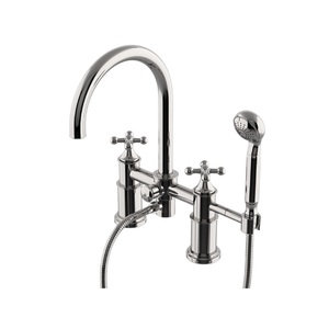 Waterworks Dash Deck Mounted Exposed Tub Filler with 1.75gpm Metal Handshower and Cross Handles in Matte Nickel