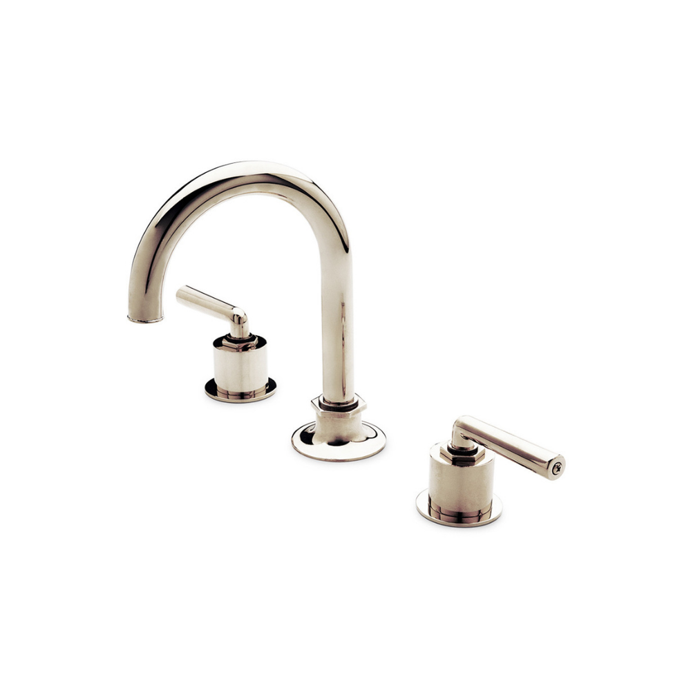 Waterworks Henry Gooseneck Three Hole Deck Mounted Lavatory Faucet with Metal Lever Handles in Nickel