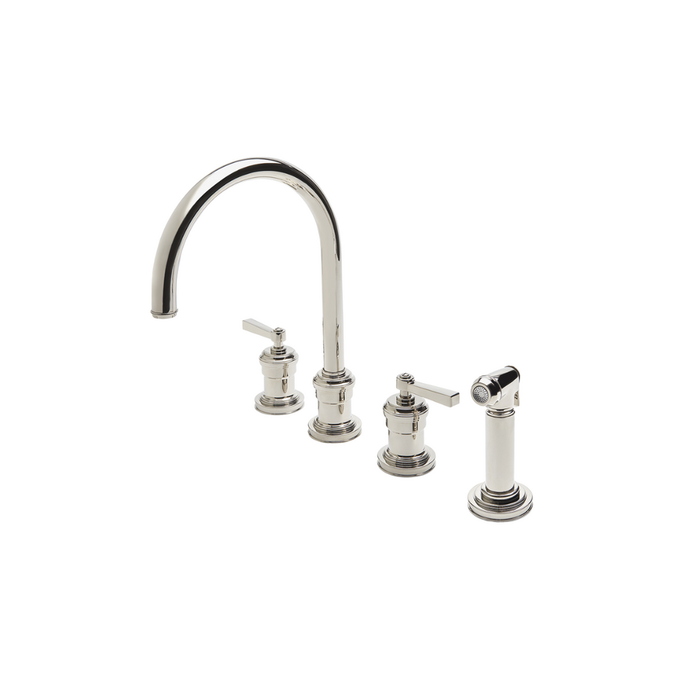 Waterworks Aero Three Hole Gooseneck Kitchen Faucet with Elevated Metal Lever Handles and Spray in Matte Nickel