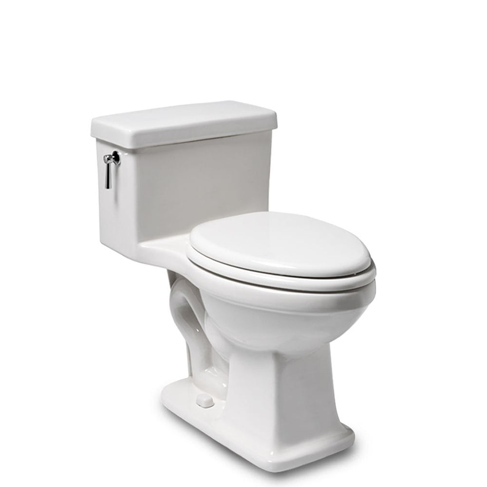 Waterworks Alden One Piece High Efficiency Elongated Watercloset in Bright White with Molded Wood Seat and Matte Nickel Flush Lever