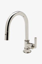 Waterworks Henry Mid-Size One Hole Gooseneck Integrated Pull Spray Kitchen Faucet with Lever Handle in Nickel