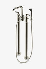 Waterworks Ludlow Shinola Edition Floor Mounted Exposed Tub Filler with Handshower and Two-Tone Lever Handles in Nickel/Shinola Steel