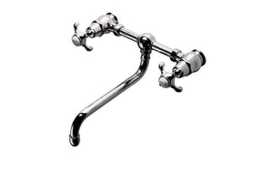 Waterworks Waterworks Etoile Low Profile Two Hole Wall Mounted Lavatory Faucet (Curved Spout) with Metal Cross Handles in Burnished Nickel