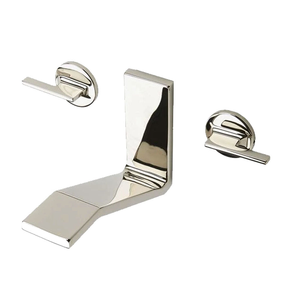 Waterworks Formwork Low Profile Three Hole Wall Mounted Lavatory Faucet with Metal Lever Handles in Brass