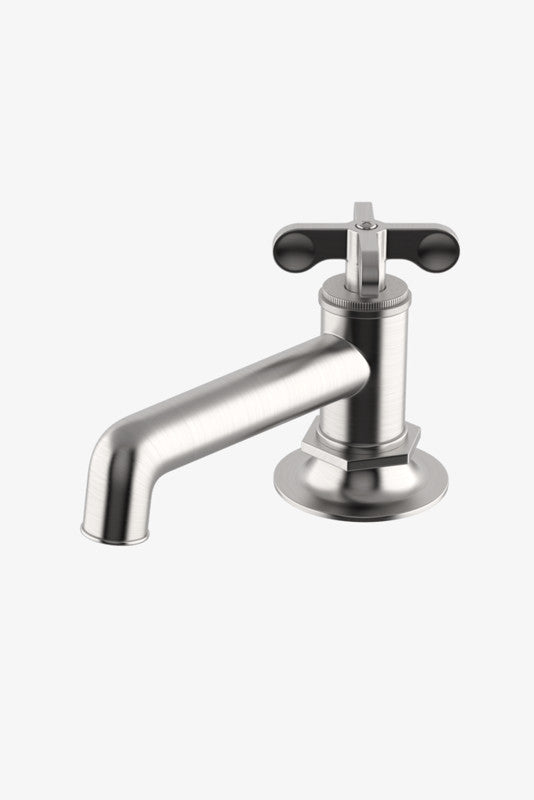 Waterworks Henry Low Profile One Hole Deck Mounted Lavatory Faucet with Metal Cross Handle in Matte Nickel