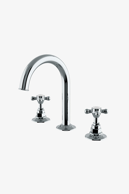 Waterworks Highgate Gooseneck Deck Mounted Lavatory Faucet with Cross Handles in Nickel