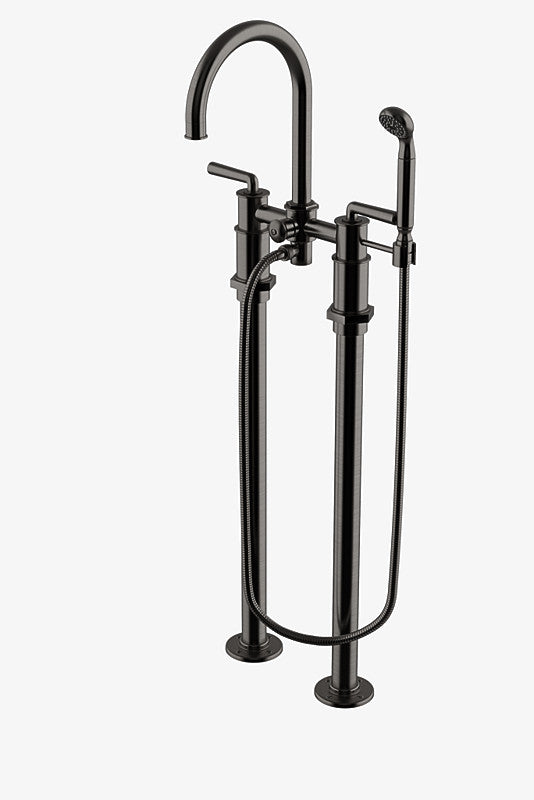 Waterworks Henry Exposed Floor Mounted Tub Filler with 1.75gpm Handshower and Metal Lever Handles in Dark Nickel