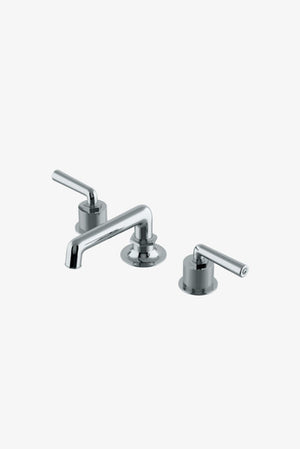 Waterworks Henry Low Profile Three Hole Deck Mounted Lavatory Faucet with Coin Edge Cylinders and Lever Handles in Nickel