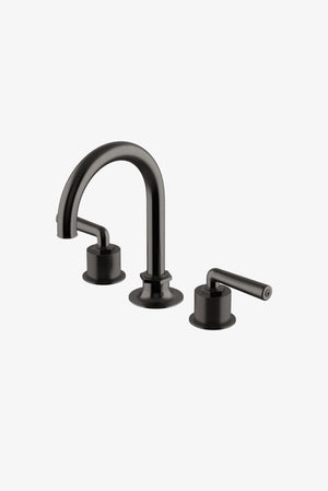 Waterworks Henry Gooseneck Three Hole Deck Mounted Lavatory Faucet with Coin Edge Cylinders and Lever Handles in Dark Nickel