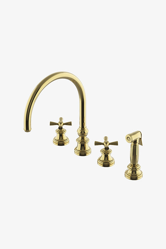 Waterworks Foro Three Hole Gooseneck Kitchen Faucet, Metal Cross Handles and Spray in Unlacquered Brass