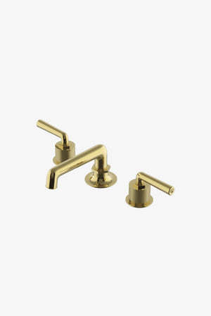 Waterworks Henry Low Profile Three Hole Deck Mounted Lavatory Faucet with Coin Edge Cylinders and Lever Handles in Unlacquered Brass