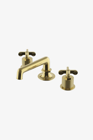 Waterworks Henry Low Profile Three Hole Deck Mounted Lavatory Faucet with Coin Edge Cylinders and Cross Handles in Unlacquered Brass