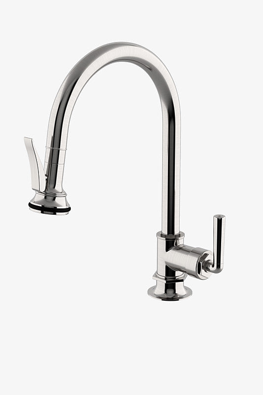 Waterworks Henry One Hole Gooseneck Integrated Pull Spray Kitchen Faucet with Lever Handle in Burnished Nicke