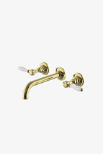 Waterworks Easton Vintage Low Profile Three Hole Wall Mounted Lavatory Faucet with Elongated Spout and White Porcelain Lever Handles in Brass