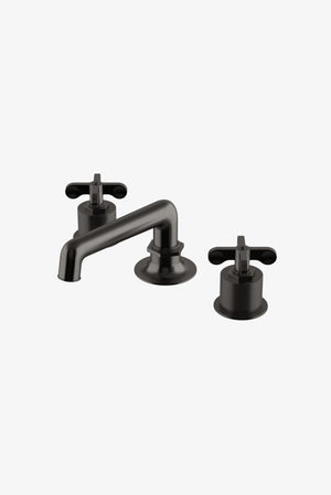 Waterworks Henry Low Profile Three Hole Deck Mounted Lavatory Faucet with Coin Edge Cylinders and Cross Handles in Dark Nickel