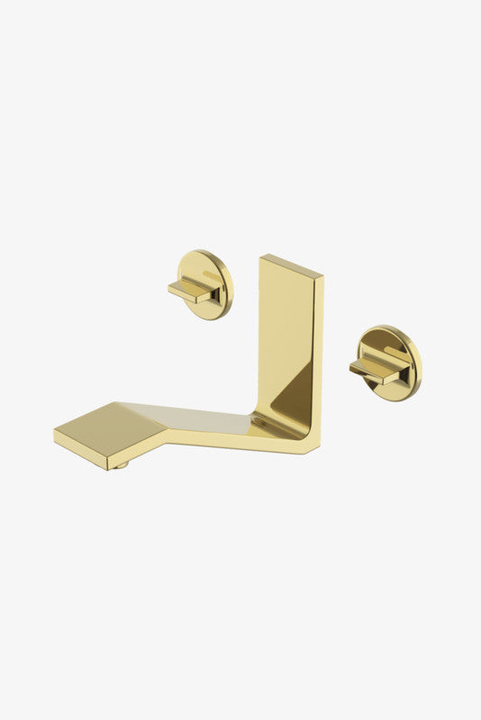Waterworks Formwork Low Profile Three Hole Wall Mounted Lavatory Faucet with Metal Knob Handles in Brass
