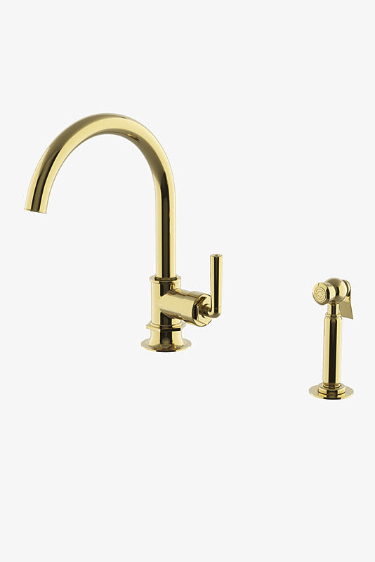 Waterworks Henry One Hole Gooseneck Kitchen Faucet, Metal Lever Handle and Spray in Brass