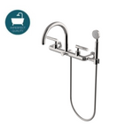 Waterworks Bond Tandem Series Wall Mounted Exposed Tub Filler with Handshower and Guilloche Lines Lever Handles in Nickel