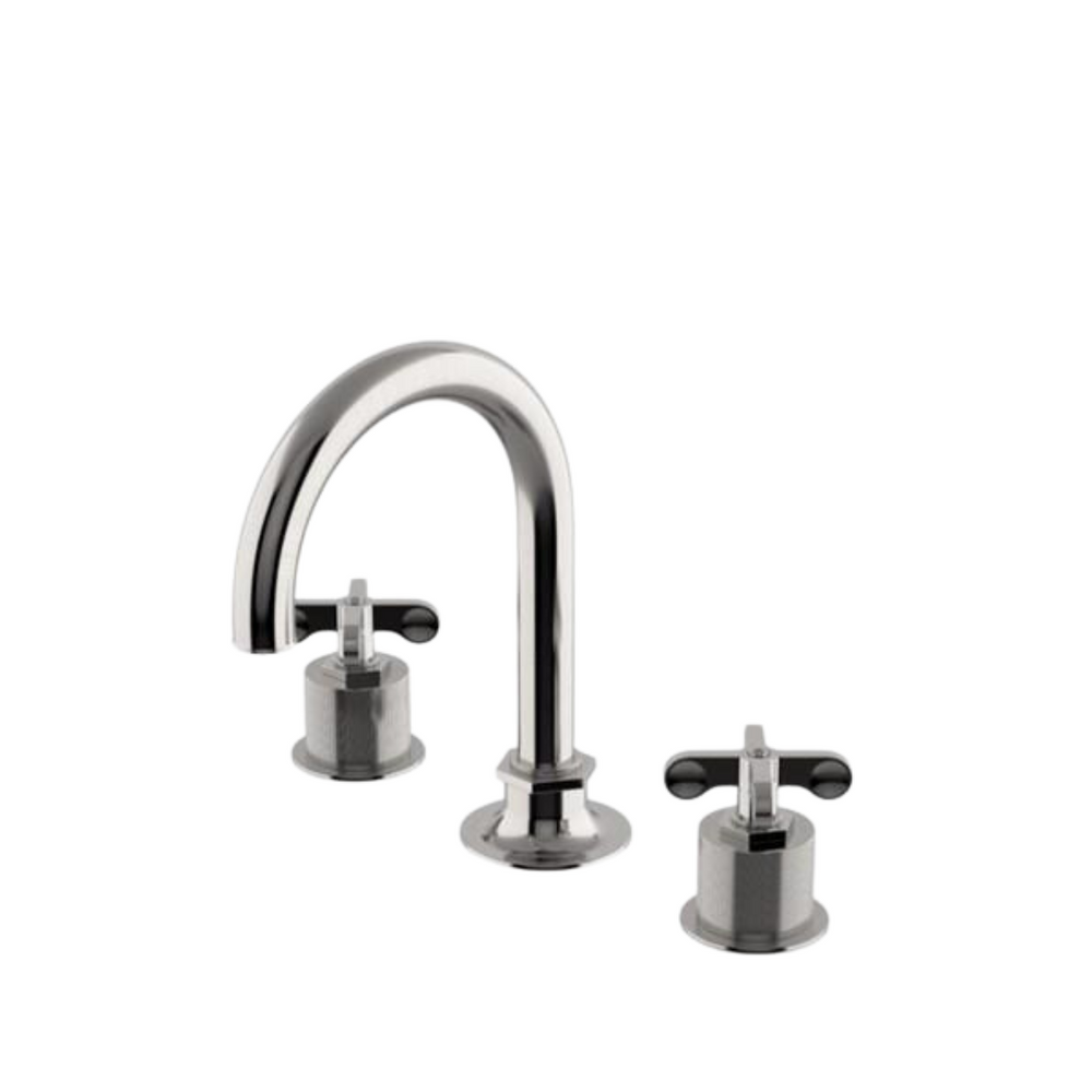 Waterworks Henry Gooseneck Three Hole Deck Mounted Lavatory Faucet with Coin Edge Cylinders and Cross Handles in Burnished Nickel