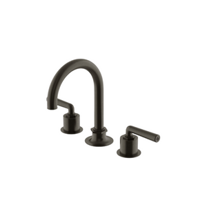 Waterworks Henry Gooseneck Three Hole Deck Mounted Lavatory Faucet with Metal Lever Handles in Dark Brass