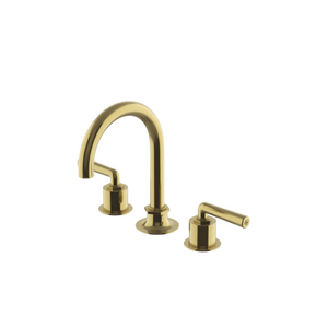 Waterworks Henry Gooseneck Three Hole Deck Mounted Lavatory Faucet with Metal Lever Handles in Burnished Brass